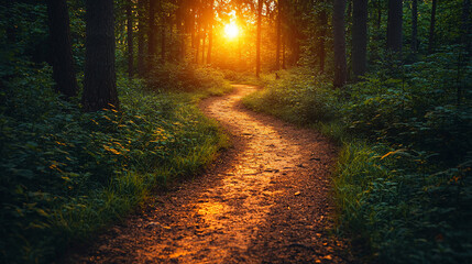 Fototapeta premium Sunlit path winding through a lush forest.
