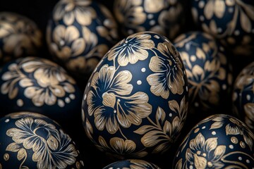 Close-up of beautifully hand-painted Easter eggs, with intricate details in navy blue and gold colors, featuring pastel pink floral designs in a vintage style.