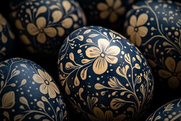 Close-up of beautifully hand-painted Easter eggs, with intricate details in navy blue and gold colors, featuring pastel pink floral designs in a vintage style.