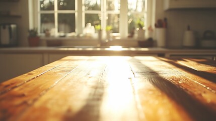 Fototapeta premium Sunlit rustic wooden kitchen table.