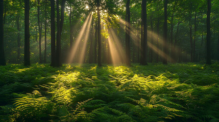 Obraz premium Sunbeams illuminating a fern-covered forest floor.
