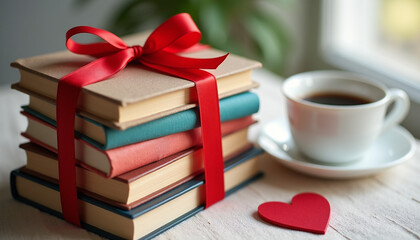 A stack of beautifully wrapped books tied with a red ribbon, placed next to a coffee cup and a heart-shaped bookmark.
