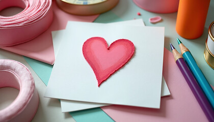 A close-up of a handmade greeting card with a heart design, surrounded by art supplies like ribbons, paper, and glue.
