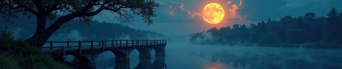 Fototapeta premium A glowing full moon rises above a misty forest and an ancient wooden bridge, mystic, tree