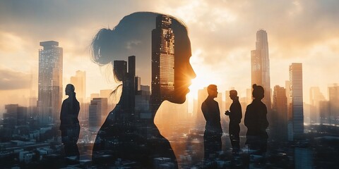 Silhouette of a woman superimposed on a cityscape at sunset, with a group of people in the foreground.