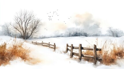 Snowy winter field, rustic fence, birds flying, watercolor painting, holiday card