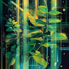 Vibrant Green Digital Leaves, Digital Nature Art"
"Tech Meets Nature"
"Green Digital Design"
"Nature in Technology"
"Future of Green Tech"
"Eco-Inspired Digital Art"