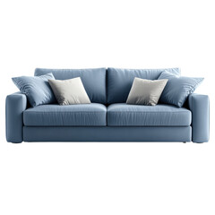 Fototapeta premium Cozy Living Room Scene Featuring a Blue Couch with Two Decorative Pillows Evoking Comfort and Relaxation in Home Decor isolated on a white background