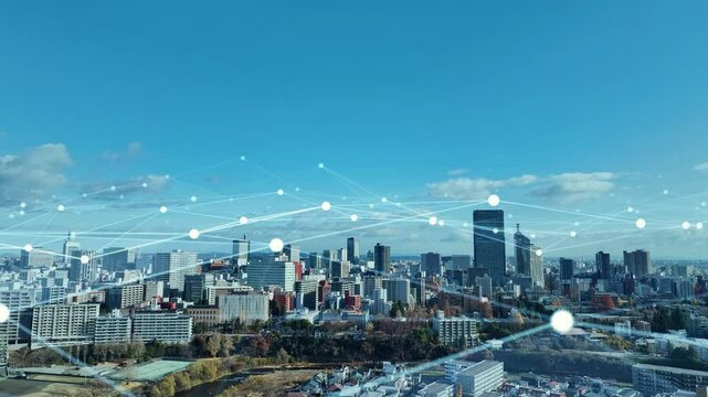 network, city, smart city, aerial view, drone, outlook, future, dx, digital transformation, construction, infrastructure, antenna, radio wave, line, communication, blue sky, horizon, buildings, era, c