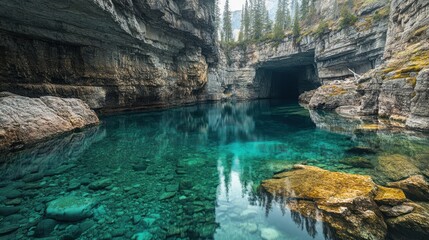 Crystal-clear mountain lake in rocky gorge, trees background, nature travel