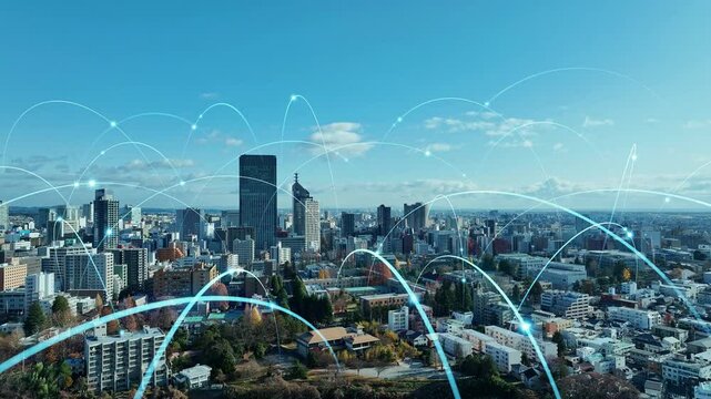 network, city, society, communication, dx, digital transformation, speed, drone, aerial view, blue sky, business, construction, industry, development, radio wave, line, internet, online, web, ai, 5g, 