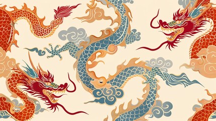 Obraz premium chinese dragon seamless pattern wallpaper