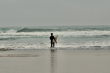 Naklejka premium surfer walking into the waves
