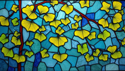 Colorful stained glass window. Botanical pattern. Multicolored interior design template. Gingko Biloba
