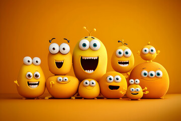 Naklejka premium Delightful group of cheerful, yellow cartoon characters with multiple eyes and big smiles, against a vibrant orange background. Perfect for children's projects or bright, fun designs.