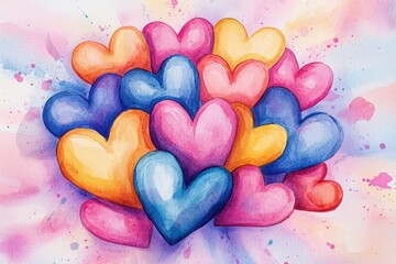 Fototapeta premium Vibrant Hand-Painted Watercolor Hearts with Colorful Burst Effect