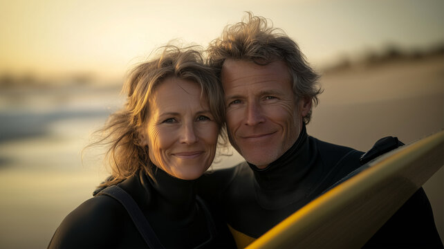 Active Senior Couple Smiling with Surfboard on the Beach, Celebrating Healthy Outdoor Adventures and Surfing Lifestyle. Image made using Generative AI.