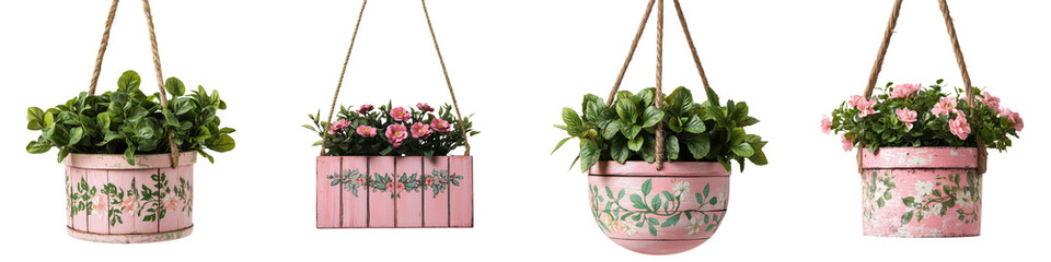 Hanging potted flower planters with pastel pink white and green floral arrangements displayed in a cozy rustic home or garden setting  Floral natural beauty concept