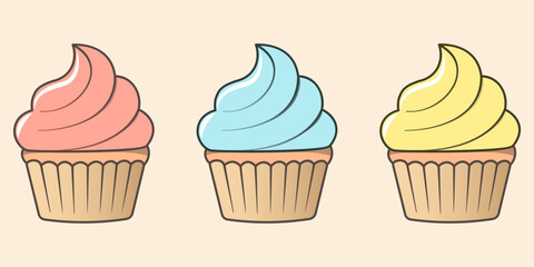 Art & IllustrationIllustration of cupcakes with pastel frosting, featuring smooth, swirled icing and a classic golden-brown base. Perfect for bakery branding, dessert design, or party decorations
