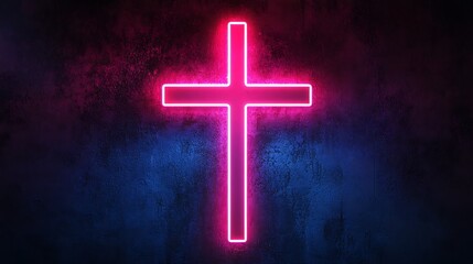 Fototapeta premium Neon Cross Glowing on a Dark Textured Wall