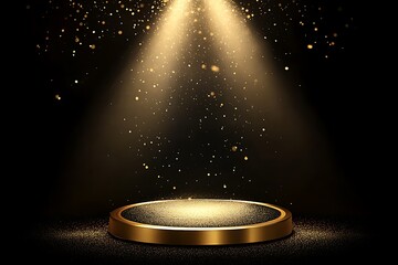 Gold podium with circular frame on a black background for an award ceremony, presentation, or luxury promotion concept. Vector illustration of a golden stage pedestal podium in a round shape,