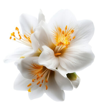 Fototapeta Delicate White Flower Blooming with Bright Yellow Stamens in a Lush Green Natural Environment Exuding Beauty and Tranquility isolated on a white background