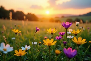 Obraz premium Colorful wild flowers blooming in a meadow at sunrise, yellow, purple, sun rise