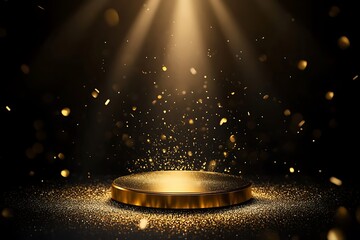 Gold podium with circular frame on a black background for an award ceremony, presentation, or luxury promotion concept. Vector illustration of a golden stage pedestal podium in a round shape,