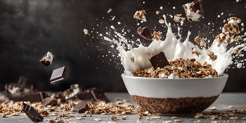 Splash of Milk with Granola and Chocolate, "Granola Breakfast Splash"
"Milk and Chocolate Explosion"
"Dynamic Breakfast Scene"
"Healthy Granola Delight"
"Milk and Oats in Action"
"Granola Splash Art