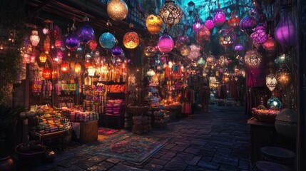 Obraz premium Colorful lanterns illuminate a vibrant night market alley.