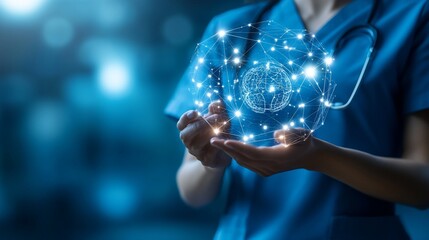 Fototapeta premium Doctor's hands holding a digital brain network.