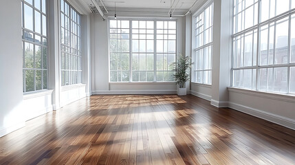 Obraz premium stock photo features an empty room with white walls, hardwood floors, and large windows