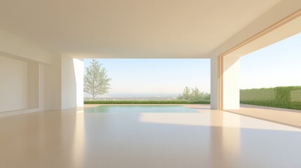 Fototapeta premium A large open room with a pool and a tree outside