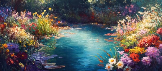 Vibrant floral scene by a tranquil stream.