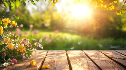 Table background and spring time at sunrise. 