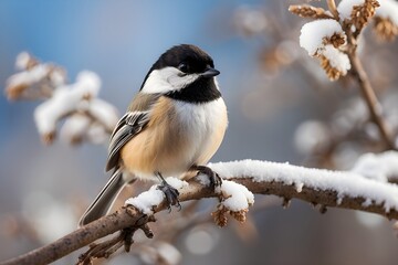 Naklejka premium A majestic black cap chickadee perched on a snow-covered branch, its feathers glistening in the winter sun.