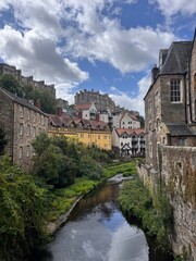 Fototapeta premium Charming riverfront village with historic architecture