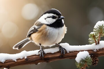 Naklejka premium A majestic black cap chickadee perched on a snow-covered branch, its feathers glistening in the winter sun.
