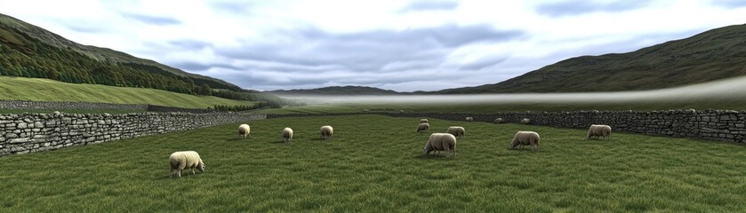 Fototapeta premium A serene landscape featuring sheep grazing in a grassy field surrounded by stone walls.