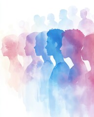 A group of people are painted in different colors, with some being blue