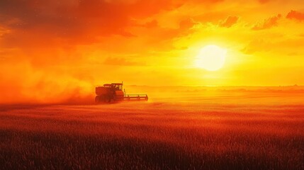 Fototapeta premium Tractor Harvesting Wheat in Golden Field at Sunset
