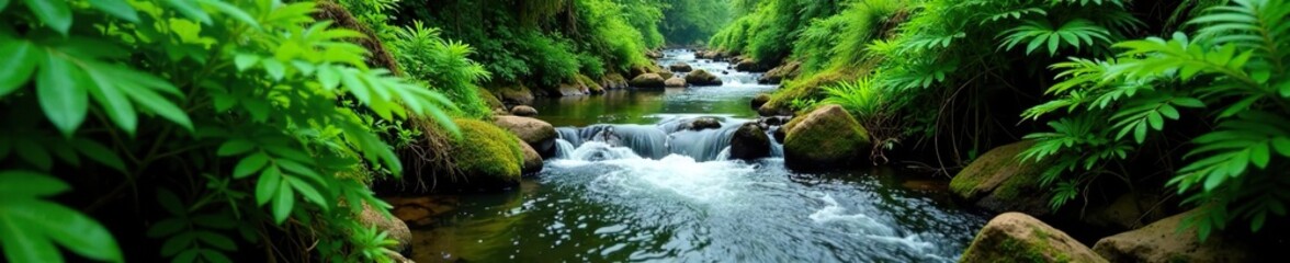 Obraz premium Mountain stream winds through dense fern growth, tropical, forest, lush