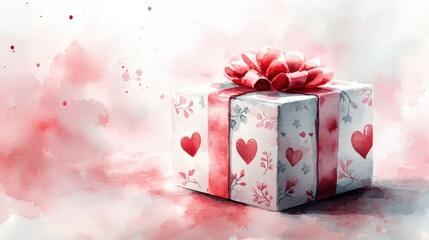 Heart Motif Watercolor Gift Box with Floral Design and Ribbon