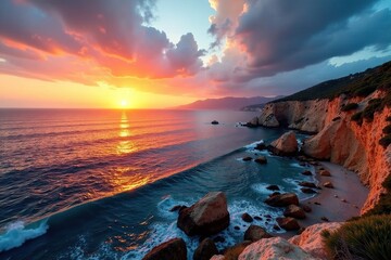 Panorama of the Sardinian coastline with a stunning sunset over the sea, sky, Sardinia