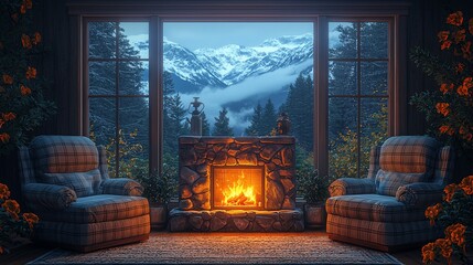 Cozy cabin interior with fireplace and mountain view.