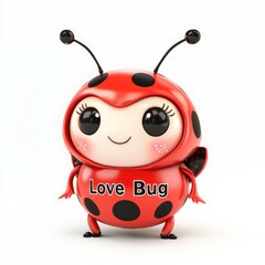 Obraz premium Red Love Bug with black polka dots, charming 3D cartoon, isolated.