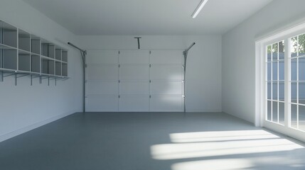 Modern empty garage with storage shelves, door, and sunlight.