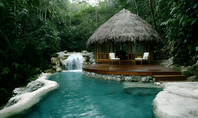 Serene jungle pool paradise thatched hut, waterfall, infinity pool, lush greenery, relaxation, luxury escape, tranquil oasis, tropical vacation.