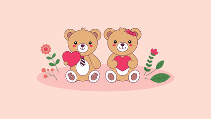 Valentine Cute Teddy Bear Couple Vector Illustration