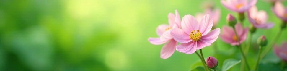 Fototapeta premium Soft pink flowers blooming in abstract green space, pastel green, plant, bloom